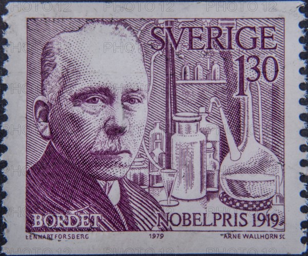 Jules Bordet (1870-1961) was a Belgian microbiologist and immunologist. In 1919 he received the Nobel Prize in Physiology or Medicine. Portrait on a Swedish postage stamp