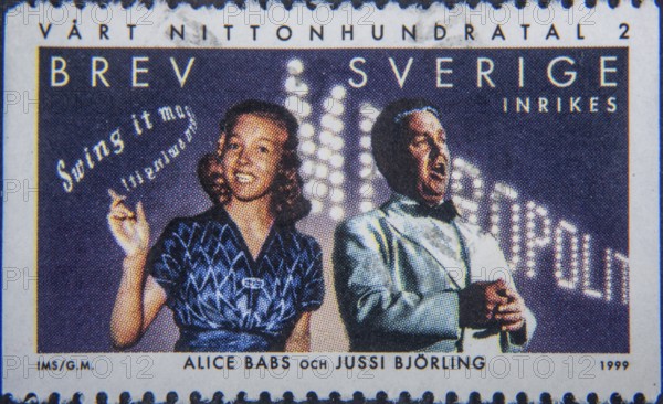 Alice Babs (1924-2014) and Jussi Björling (1911-1960), two famous Swedish singers. Portrait on Swedish postage stamp