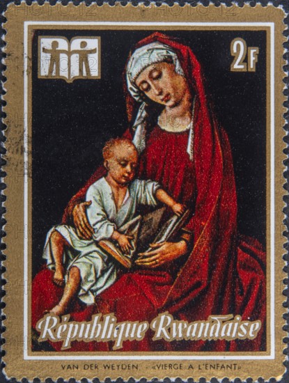 Madonna and Child, traditional religious motif in Catholic countries. Image on Rwandan postage stamp