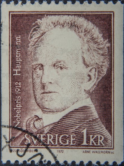 Gerhart Hauptmann, (1862-1946) a German novelist, dramatist and Nobel price winner, portrait on a German postage stamp
