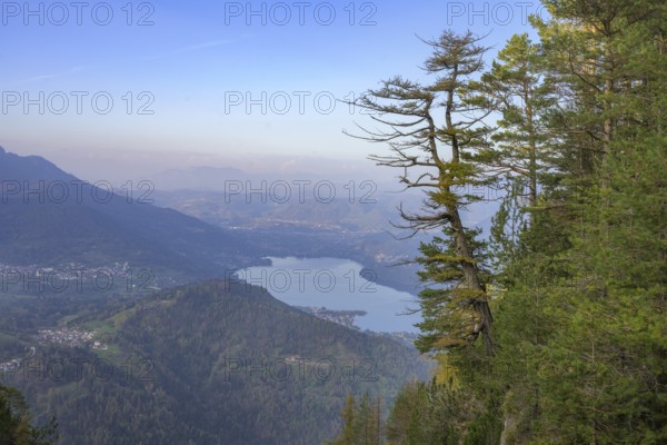 View of Lake Caldonazzo from the Respiro degli Alberi hiking trail, Lavarone, Lanzino, Trentino, Italy