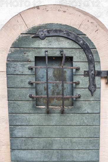 Iron fittings and window grilles on an old wooden door, Hesse, Germany
