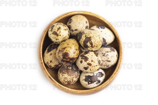 Pile of Raw Quail eggs isolated on white background. top view, flat lay, close up