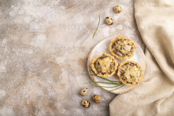 Tartlets with meat and cheese on brown concrete background and linen textile. top view, flat lay, copy space