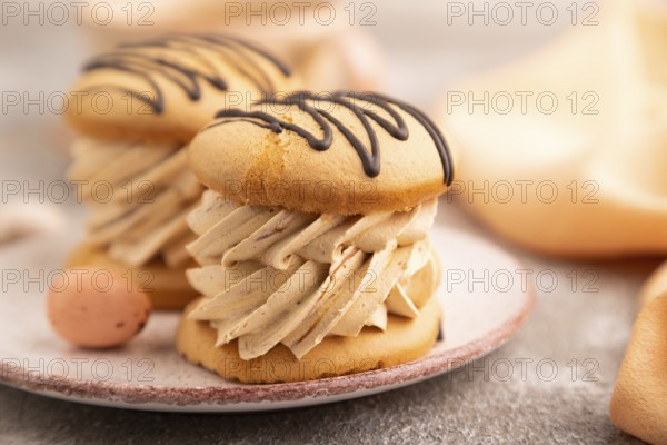 Caramel Cream Cakes on brown concrete background, cup of coffee, side view, close up, selective focus