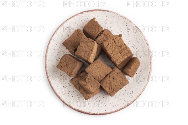 Chocolate marshmallow isolated on white background. top view, flat lay, close up