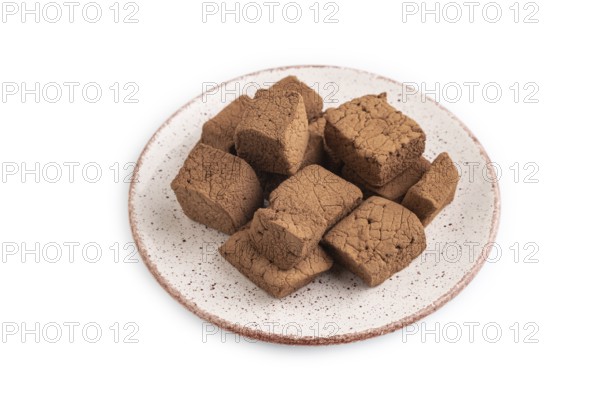Chocolate marshmallow isolated on white background. side view, close up