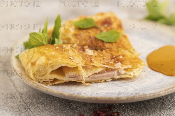 Fried homemade Khachapuri cake with cheese and meat, fried in pan. Traditional Georgian cuisine on brown concrete background. Side view, close up, selective focus