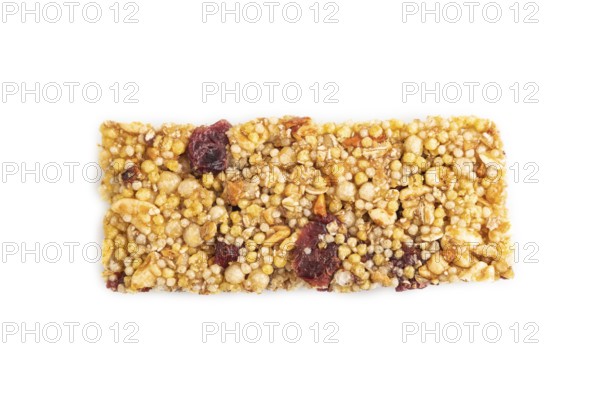 Granola bar with, caramel, nuts, flakes isolated on white background. Top view, flat lay, close up