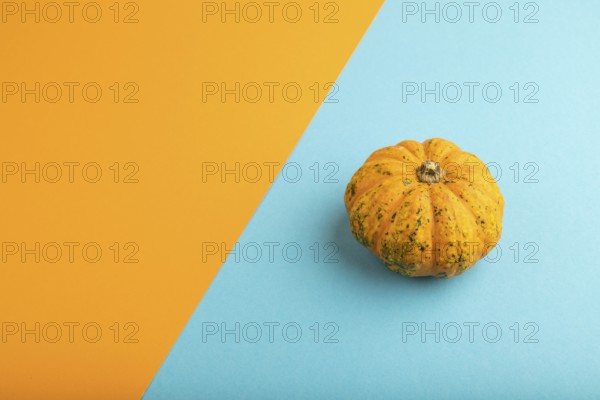 Orange Pumpkin on orange and blue pastel paper background. Side view, copy space. healthy food, vegetable, minimalism