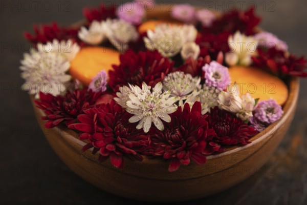 Wooden bowl with carrot slices and red Chrysanthemum flowers, Astrantia flowers, flower salad on black concrete background, side view, close up, minimalism, selective focus