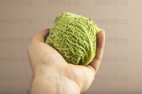 Green lettuce with hand on beige pastel paper background. Side view, copy space, flat lay. healthy food, vegetable, minimalism. hold
