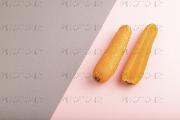 Orange Carrot on gray and pink pastel paper background. Side view, copy space, flat lay. healthy food, vegetable, minimalism