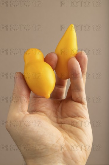 Yellow tomatoes with hand on beige pastel paper background. Side view, copy space. healthy food, vegetable, minimalism. hold