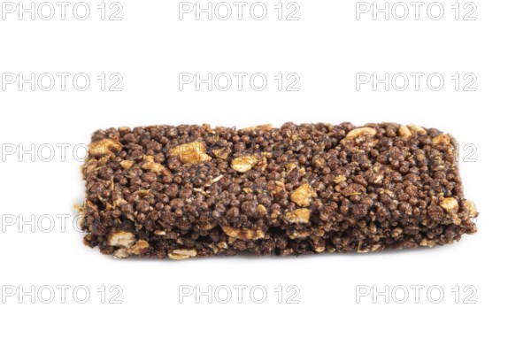 Granola bar with chocolate, caramel, nuts, flakes isolated on white background. Side view, close up