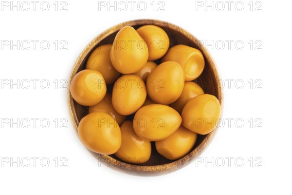 Pile of Smoked Quail eggs isolated on white background. top view, flat lay, close up