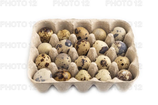 Pile of Raw Quail eggs isolated on white background. side view, close up