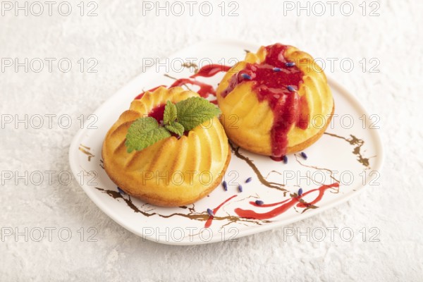 Semolina cheesecake with strawberry jam, lavender on gray concrete background. side view, close up
