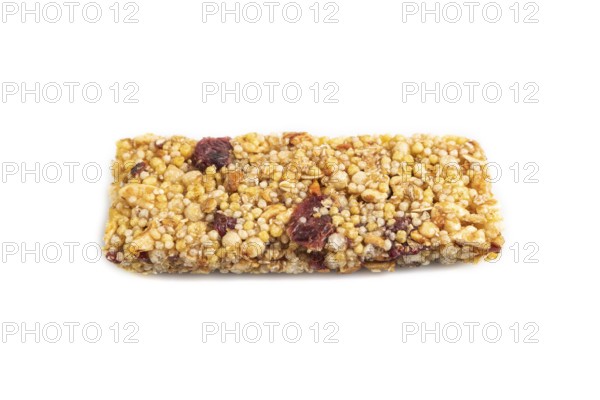 Granola bar with, caramel, nuts, flakes isolated on white background. Side view, close up