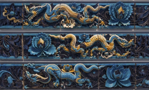 Blue and yellow glazed tiles with depictions of dragons, Ming dynasty, Shanxi province, British Museum, London, London region, England, Great Britain