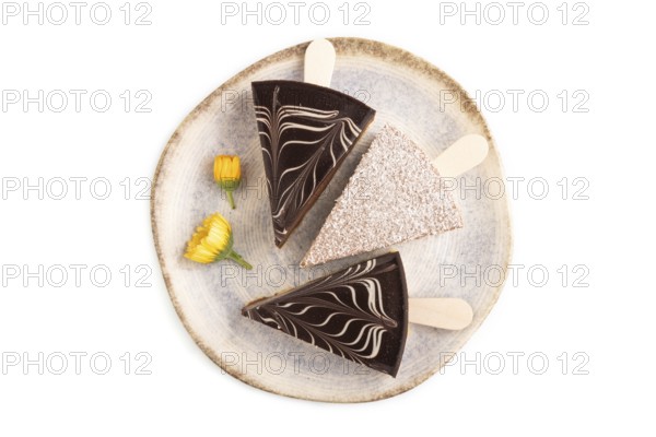 Chocolate and Vanilla Cake pops Marshmallow isolated on white background. top view, close up