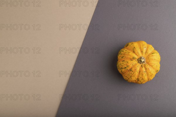 Orange Pumpkin on beige and gray pastel paper background. Top view, copy space, flat lay. healthy food, vegetable, minimalism