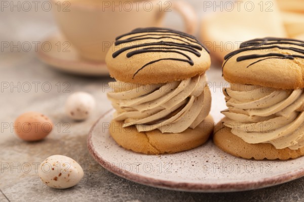 Caramel Cream Cakes on brown concrete background, cup of coffee, side view, close up, selective focus