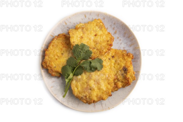 Fried crispy Chicken pancakes isolated on white background. top view, flat lay, close up