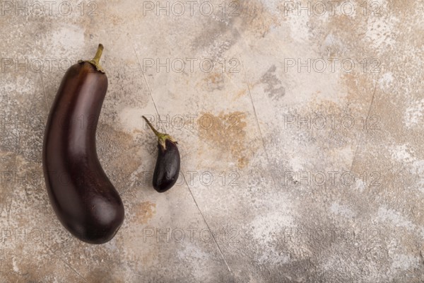 Two Eggplants big and small on brown concrete background, top view, flat lay, copy space, minimalism