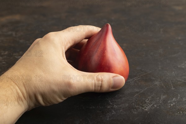 Red Heart shape tomatoes with hand on black concrete background. Side view, copy space. healthy food, vegetable, minimalism. hold