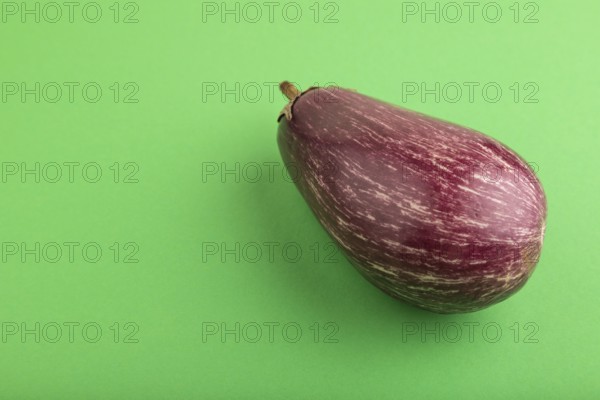 Purple eggplant with white stripes on green pastel background. Side view, copy space. Tropical, healthy food, vegetable, minimalism