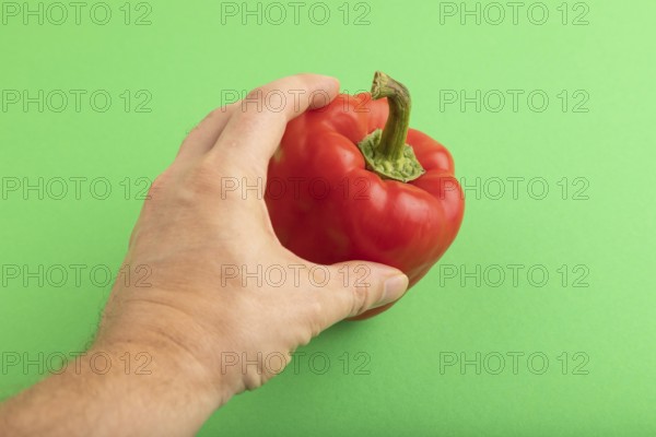 Hand holding Red pepper on green pastel background. Side view, copy space. healthy food, vegetable, minimalism