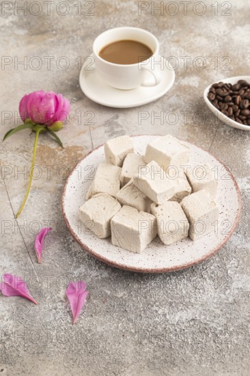 Coffee marshmallow with cup of coffee on brown concrete background. side view, close up