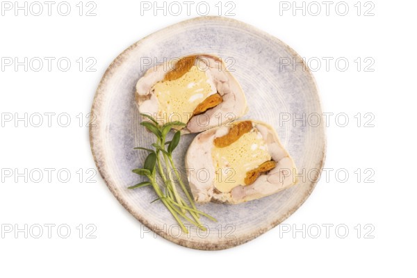 Chicken, egg and dried apricot meatloaf isolated on white. Diet, healthy eating. top view, copy space