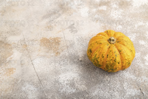 Orange Pumpkin on brown concrete background. Side view, copy space. healthy food, vegetable, minimalism