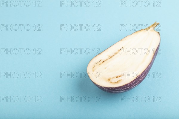 Purple Cutted eggplant with white stripes on blue pastel background. Side view, copy space. Tropical, healthy food, vegetable, slice, minimalism