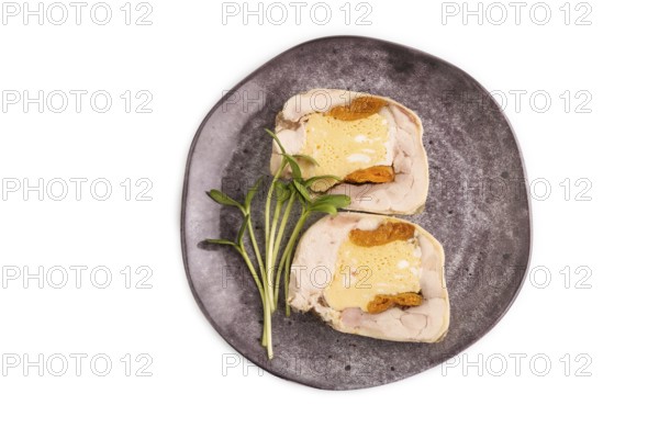 Chicken, egg and dried apricot meatloaf isolated on white. Diet, healthy eating. top view, copy space