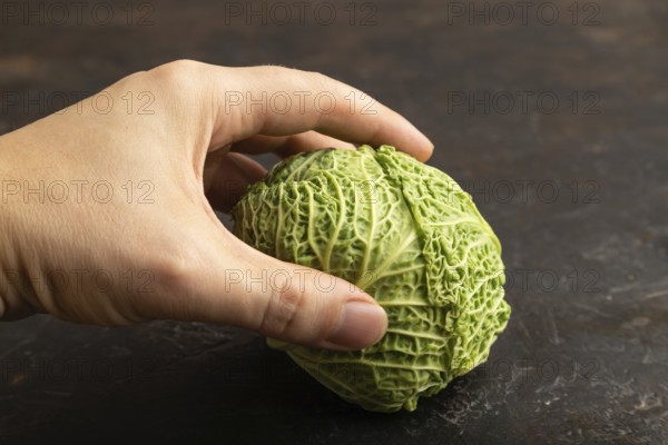 Green lettuce with hand on black concrete background. Side view, copy space. healthy food, vegetable, minimalism. hold