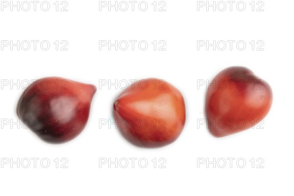 Red Heart shape tomatoes isolated on white background. Top view, copy space, flat lay, healthy food, vegetable, minimalism