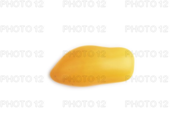 Yellow tomatoes isolated on white background. Top view, copy space, flat lay. healthy food, vegetable, minimalism