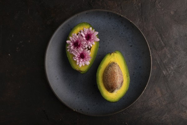 Two Avocado halves with pit and Chrysanthemums on blue plate on black concrete background, top view, flat lay, copy space, minimalism, low key