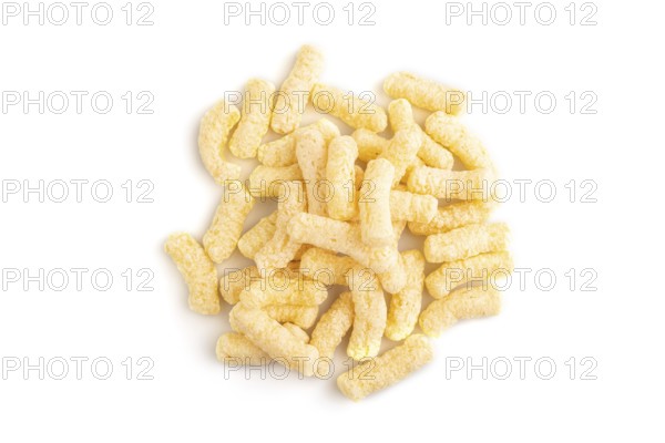 Corn flakes sticks with caramel isolated on white background. top view, flat lay, close up