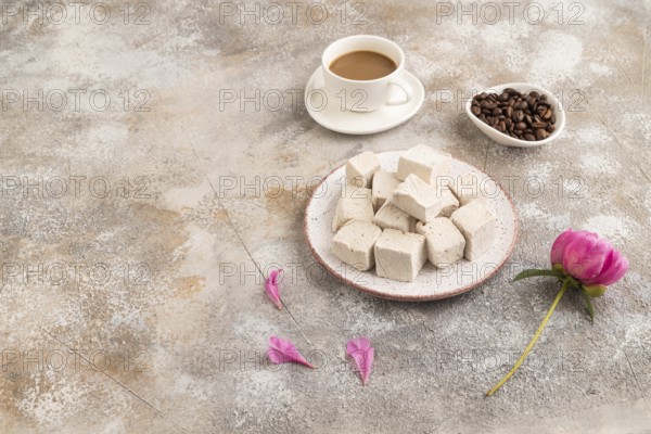Coffee marshmallow with cup of coffee on brown concrete background. side view, copy space