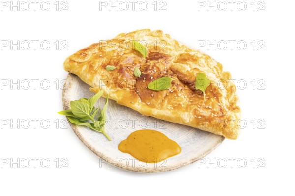 Fried homemade Khachapuri cake with cheese and meat, fried in pan. Traditional Georgian cuisine isolated on white background. Side view, close up