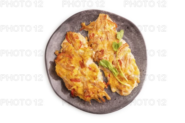 Baked chicken meat with cheese and tomatoes isolated on white background. top view, flat lay, close up