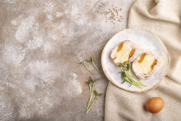 Chicken, egg and dried apricot meatloaf, microgreen on brown concrete background and linen textile. top view, flat lay, copy space