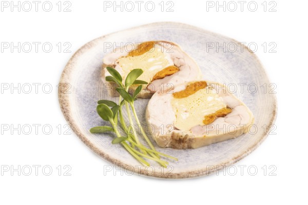 Chicken, egg and dried apricot meatloaf isolated on white. Diet, healthy eating. side view, copy space