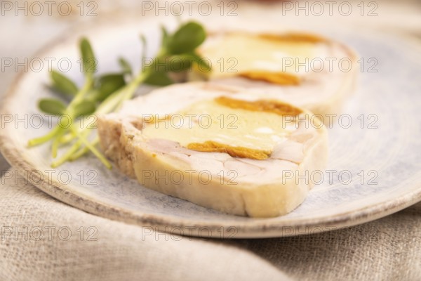 Chicken, egg and dried apricot meatloaf, microgreen on brown concrete background and linen textile. side view, close up, selective focus