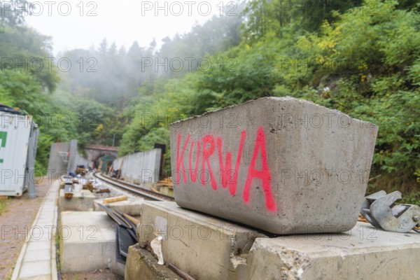 Mit 'Kurwa' beschriebene Betonblöcke auf einer Baustelle im Nebel, Bau der Hermann Hessenahn, Calw, Schwarzwald, Deutschland