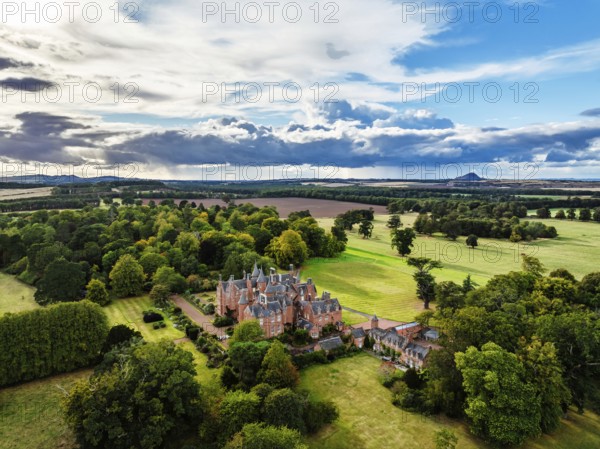 Tyninghame House over River Tyne from a drone, East Lothian, Scotland, UK